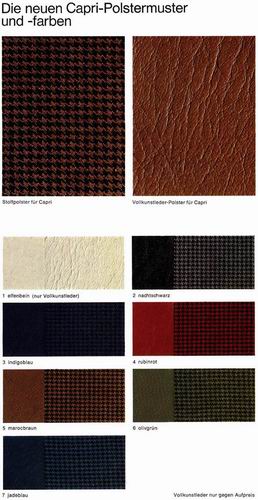 Polsterfarben / Polsterstruktur ab 01. September 1970
Upholstery colours / upholstery structure from 01 September 1970 Polsterfarben / Polsterstruktur ab 01. September 1970
Upholstery colours / upholstery structure from 01 September 1970
