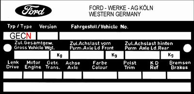 Typenschild Ford Werke Deutschland Typenschild Ford Werke Deutschland