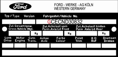 Typenschild Ford Werke Deutschland