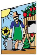Logo Obst- und Gartenbauverein Kornwestheim mit einer Zeichnung von einem Gärtner mit Schaufel und Giesskanne und verschiedenen Pflanzen wie eine Sonnenblume und ein Apfelbaum